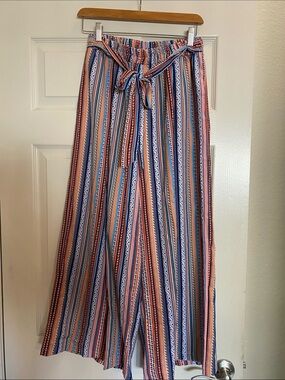 Ankle-Length Striped Wide-Leg Pants in Blue, Coral & White